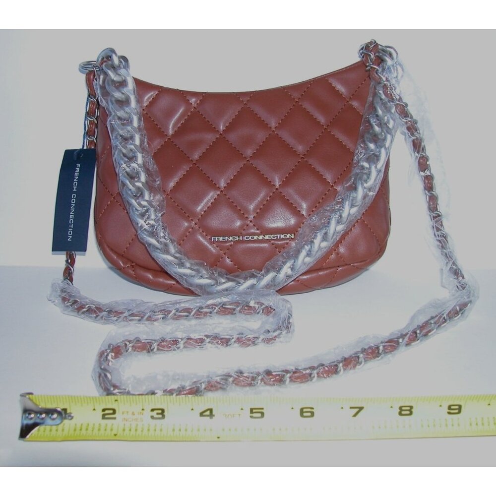 French Connection Brown Quilted Faux Leather Crossbody Bag With Chain Strap & Zi